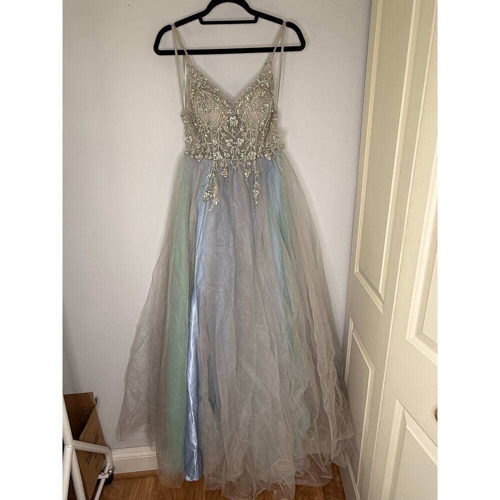 Handmade Tulle Beaded Bodice Gray Blue Maxi Evening Gown Sleeveless Size 6